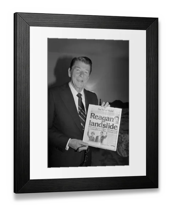 Framed Print : Ronald Reagan Presenting Victory Headlines Framed Print : Ronald Reagan Presenting Victory Headlines
