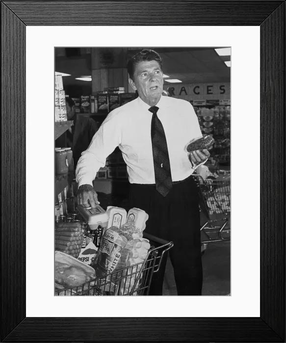 Framed Print : Ronald Reagan with Food Filled Shopping Cart Framed Print : Ronald Reagan with Food Filled Shopping Cart