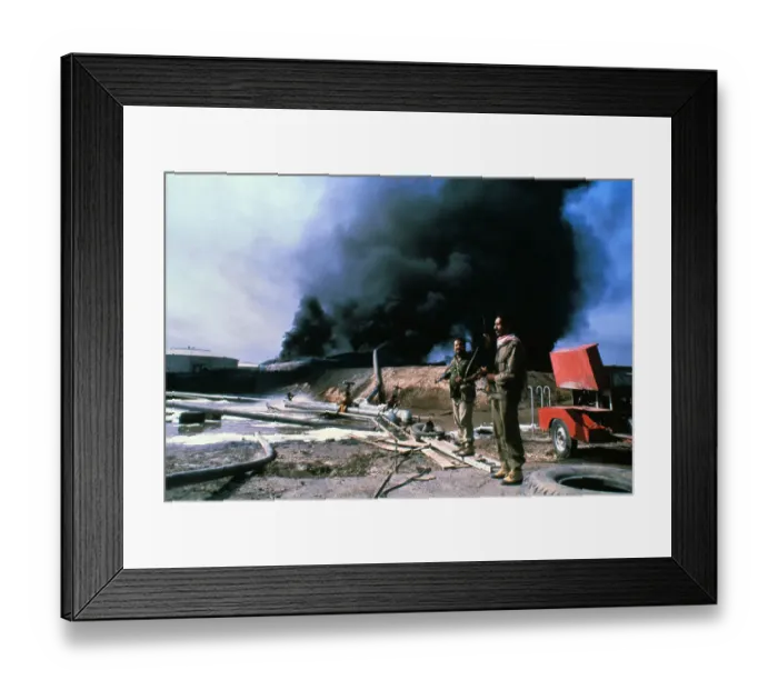 Framed Print : Iraqi Soldiers with Burning Storage Tanks Framed Print : Iraqi Soldiers with Burning Storage Tanks