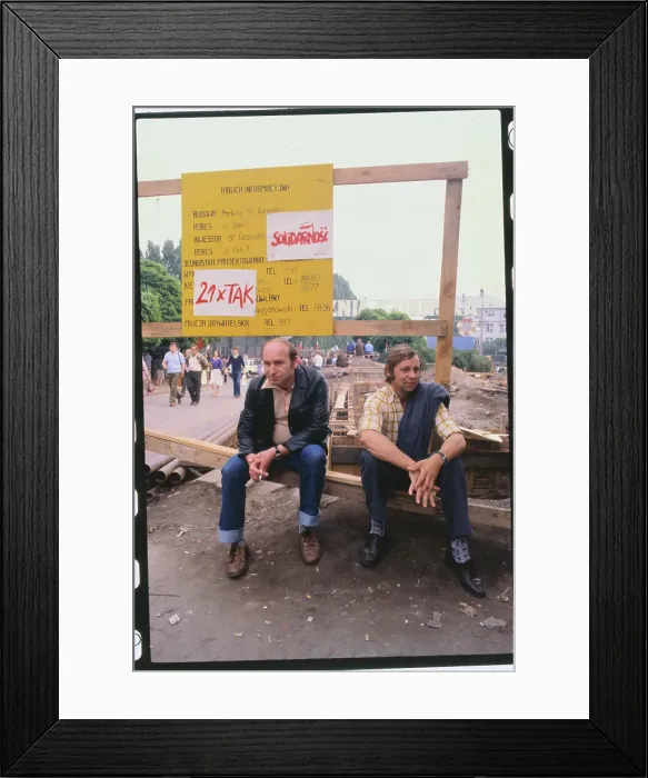 Framed Print : Striking Workers Sitting by Sign Framed Print : Striking Workers Sitting by Sign