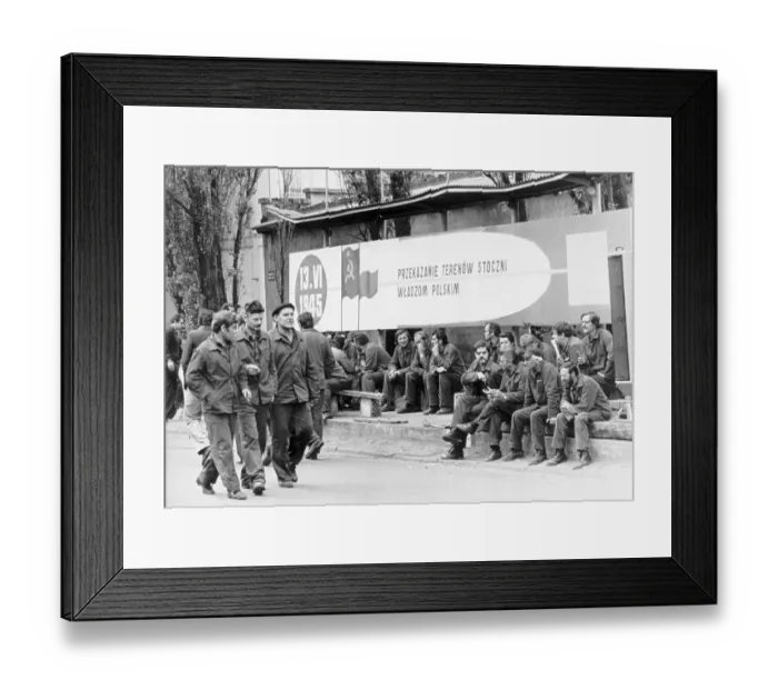 Framed Print : Striking Polish Workers Sit by Sign Framed Print : Striking Polish Workers Sit by Sign