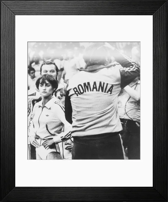 Framed Print : Nadia Comaneci and Coach Reacting in Disbelief Framed Print : Nadia Comaneci and Coach Reacting in Disbelief