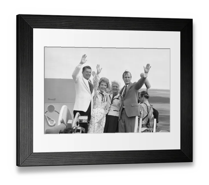 Framed Print : Ronald and Nancy Reagan Waving with George and Barbara Bush Framed Print : Ronald and Nancy Reagan Waving with George and Barbara Bush