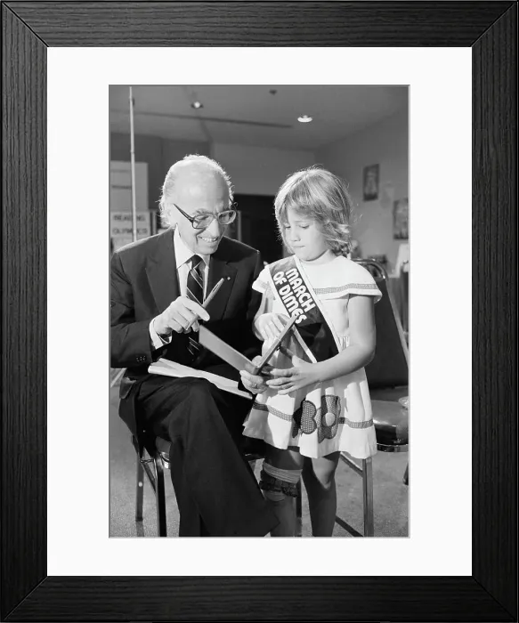 Framed Print : Jonas Salk Signs Autograph for Poster Child Framed Print : Jonas Salk Signs Autograph for Poster Child