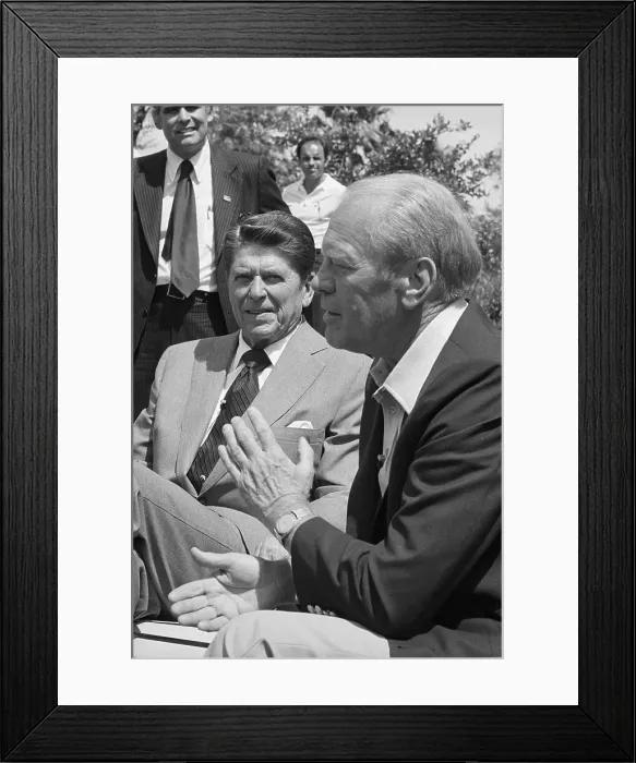 Framed Print : Ronald Reagan and Gerald Ford with Press Framed Print : Ronald Reagan and Gerald Ford with Press