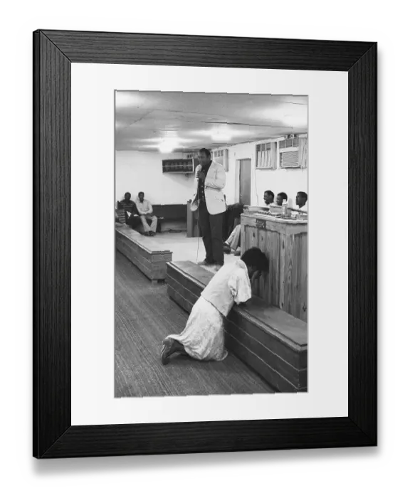 Framed Print : George Foreman Preaches, Woman Prays