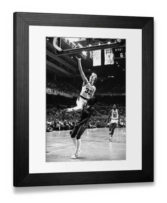 Framed Print : Larry Bird Climbing on Player to Score Framed Print : Larry Bird Climbing on Player to Score