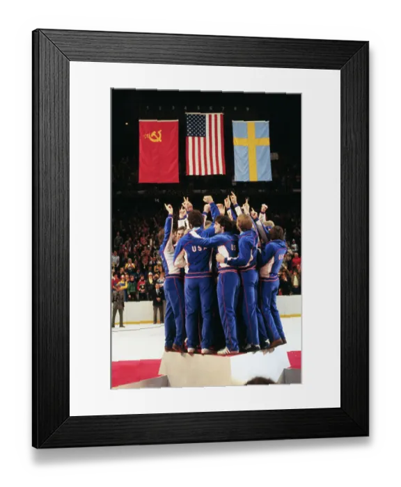 Framed Print : American Olympic Hockey Teams Posing After Winning the Gold Framed Print : American Olympic Hockey Teams Posing After Winning the Gold