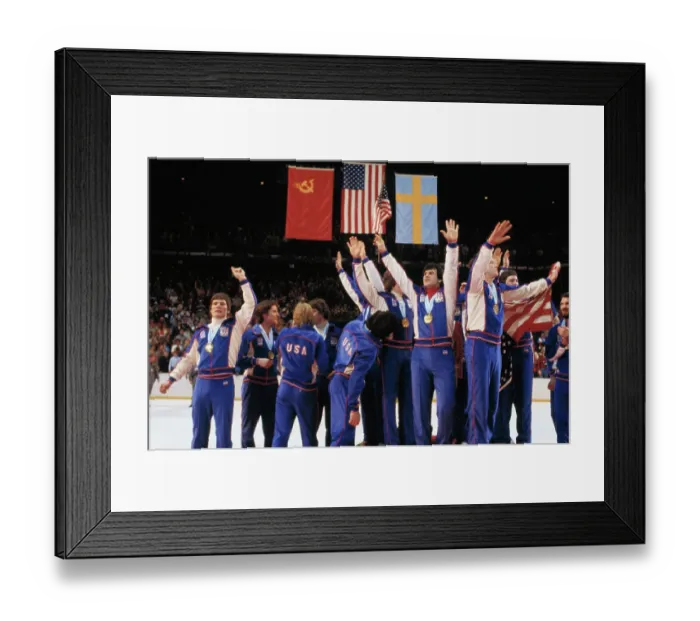 Framed Print : American Olympic Hockey Teams Posing After Winning the Gold Framed Print : American Olympic Hockey Teams Posing After Winning the Gold
