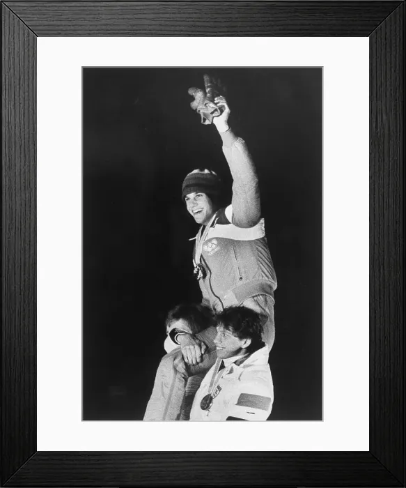 Framed Print : Eric Heiden on Competitors Shoulders After Victory Framed Print : Eric Heiden on Competitors Shoulders After Victory
