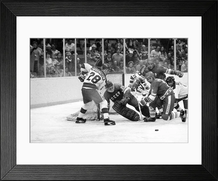 Framed Print : John Harrington Shoots in Hockey Game Framed Print : John Harrington Shoots in Hockey Game
