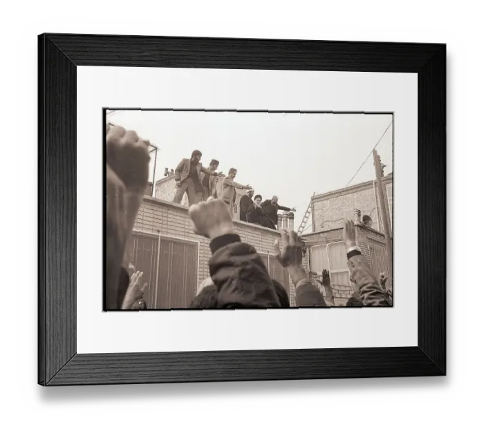 Framed Print : Khomeini and Aides on Roof Gesturing Support