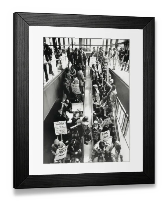 Framed Print : Steelworkers Blocking Escalators in Protest Framed Print : Steelworkers Blocking Escalators in Protest