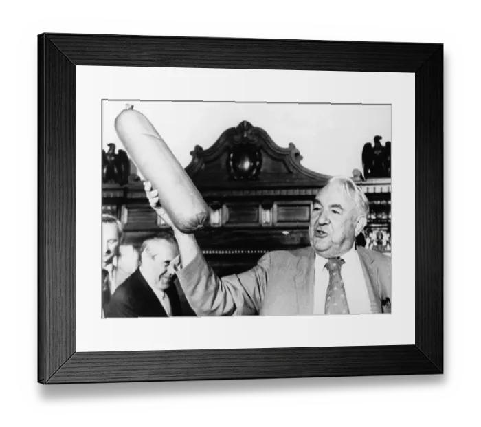 Framed Print : Sam Ervin Holding Up Bologna at Watergate Hearing Framed Print : Sam Ervin Holding Up Bologna at Watergate Hearing
