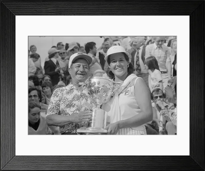 Framed Print : Nancy Lopez and Father Holding Trophy