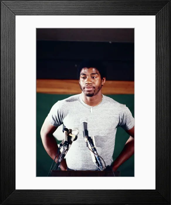 Framed Print : Earvin Magic Johnson Standing at Microphones Framed Print : Earvin Magic Johnson Standing at Microphones