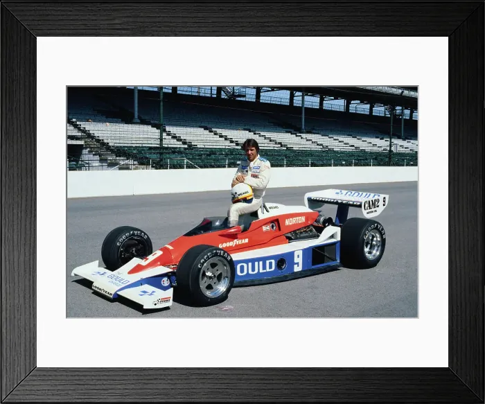 Framed Print : Rick Mears Sitting on Race Car