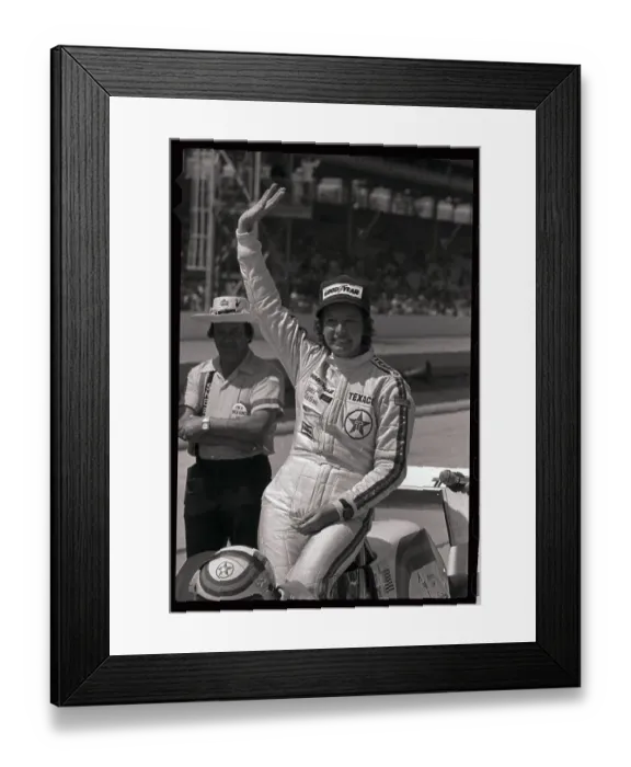 Framed Print : Janet Guthrie Waving to Fans Framed Print : Janet Guthrie Waving to Fans