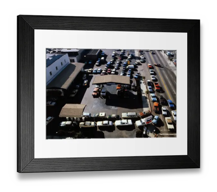 Framed Print : Aerial View of Cars Lining Up for Rationed Gas Framed Print : Aerial View of Cars Lining Up for Rationed Gas