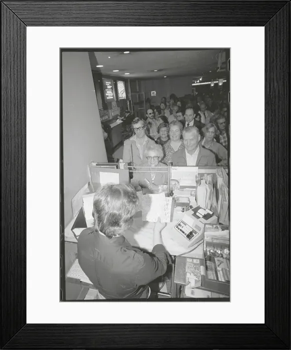 Framed Print : People Waiting on Line for Stamps Framed Print : People Waiting on Line for Stamps