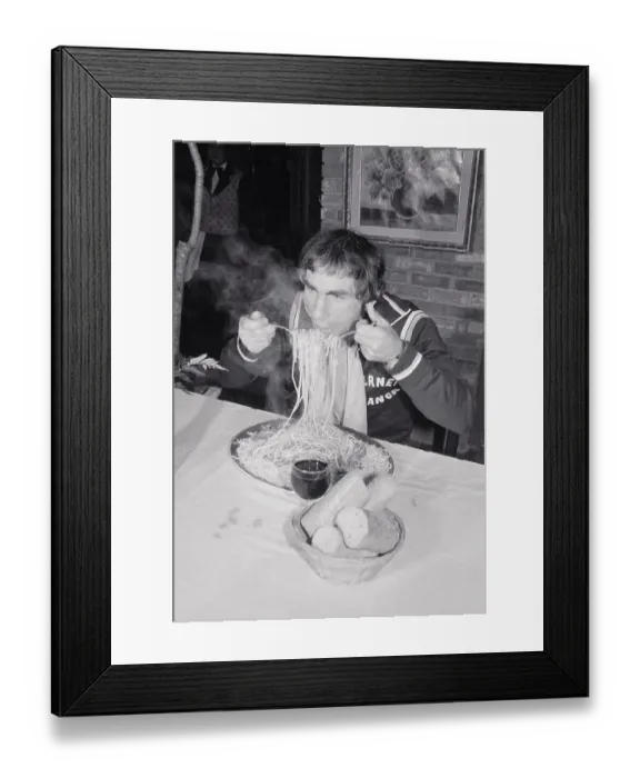 Framed Print : Giancarlo Usai Eating Huge Plate of Spaghetti