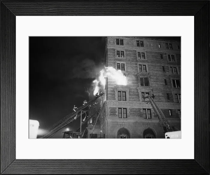 Framed Print : Firemen On Ladder At Flame-Engulfed Wind Framed Print : Firemen On Ladder At Flame-Engulfed Wind