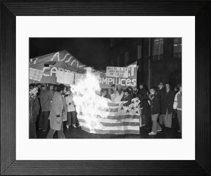 Framed Print : Anti-Shah Demonstrators Burning US Flag Framed Print : Anti-Shah Demonstrators Burning US Flag