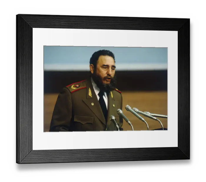 Framed Print : Younger Fidel Castro Speaking at Microphones