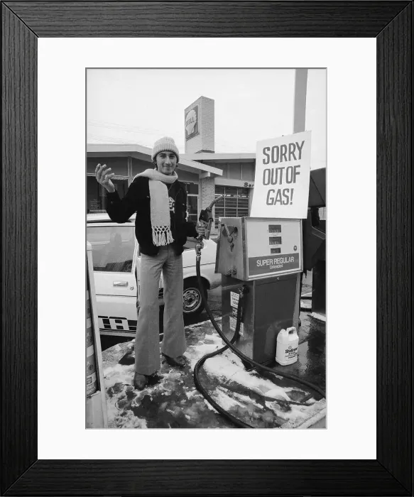 Framed Print : Customer at Station with Sign Saying No Gas Framed Print : Customer at Station with Sign Saying No Gas
