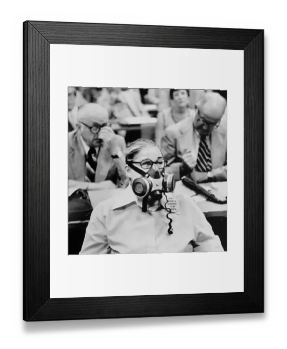 Framed Print : Woman Wearing Gas Mask to Protest Public Smoking Framed Print : Woman Wearing Gas Mask to Protest Public Smoking