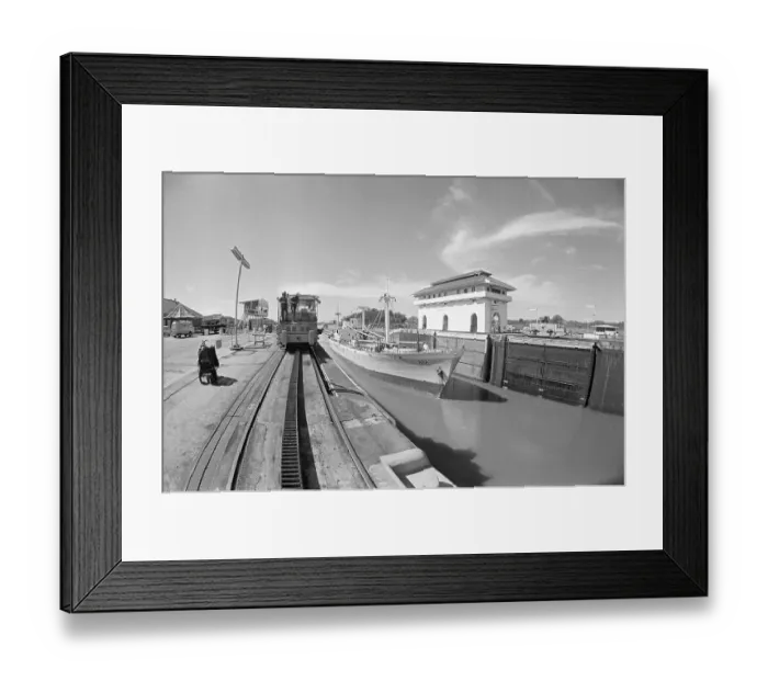 Framed Print : Locomotives Pulling a Boat Through Canal Locks Framed Print : Locomotives Pulling a Boat Through Canal Locks
