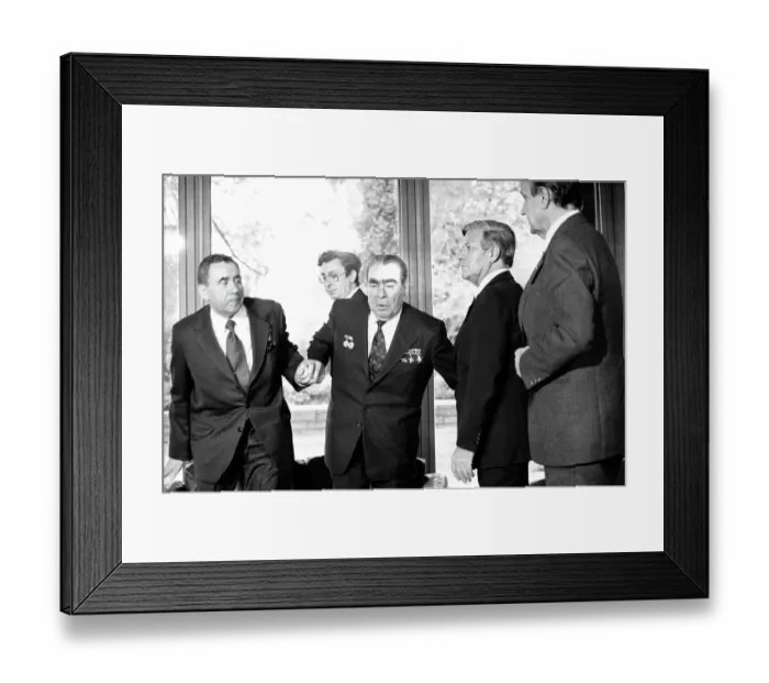 Framed Print : Soviet and West German Leaders Aid President Leonid Brezhnev After a Photo Session Framed Print : Soviet and West German Leaders Aid President Leonid Brezhnev After a Photo Session