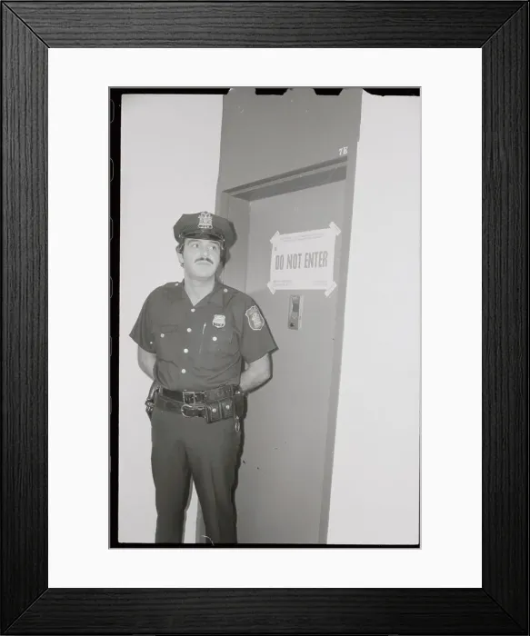 Framed Print : Policeman Keeping Guard Outside Apartment of David Berkowitz Framed Print : Policeman Keeping Guard Outside Apartment of David Berkowitz