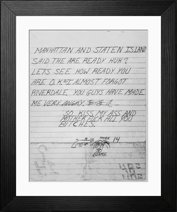 Framed Print : A Note from Son of Sam, AKA David Berkowitz Framed Print : A Note from Son of Sam, AKA David Berkowitz