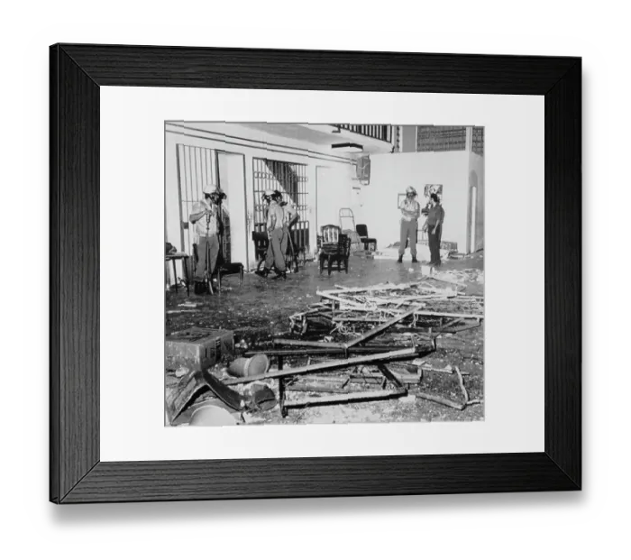 Framed Print : Police Observe Damage Caused by Demonstrating Prisoners