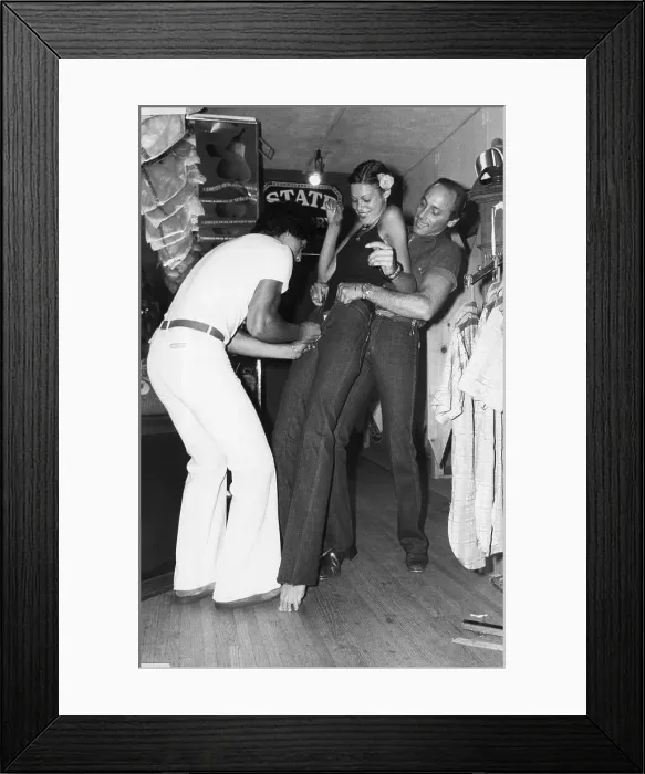 Framed Print : Men Helping a Woman Squeeze into Tight French Jeans Framed Print : Men Helping a Woman Squeeze into Tight French Jeans