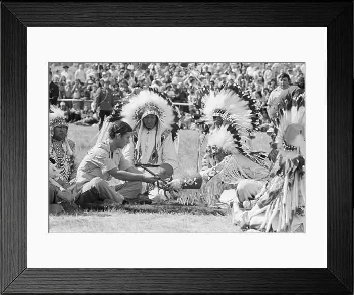 Framed Print : Prince Charles Smokes Pipe With Native Americans