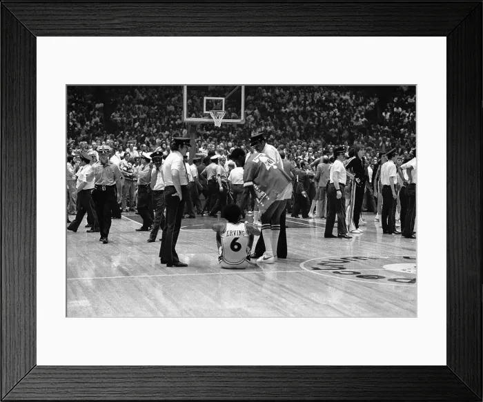 Framed Print : Julius Erving Sitting on Floor After Fight on Court Framed Print : Julius Erving Sitting on Floor After Fight on Court