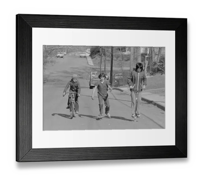Framed Print : Kids Using Bicycle Skateboard and Pogo Stick Framed Print : Kids Using Bicycle Skateboard and Pogo Stick