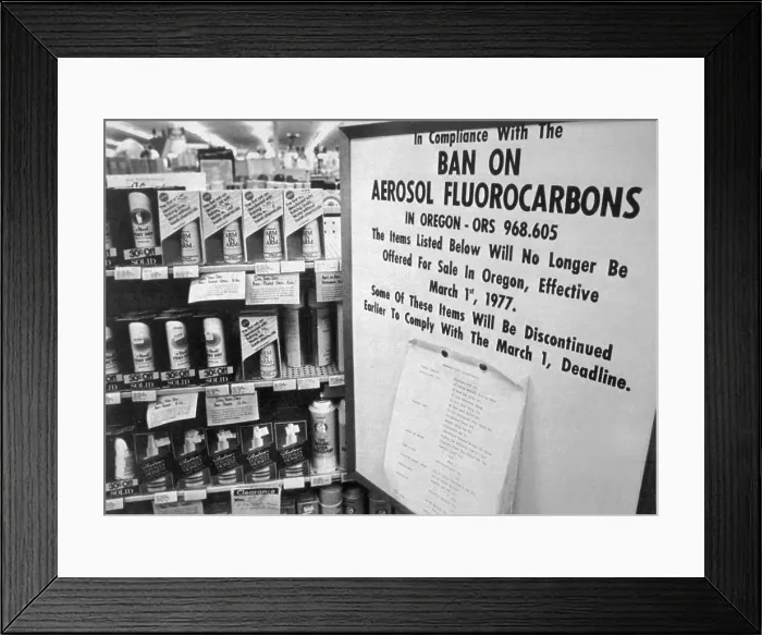 Framed Print : Sign in Store Proclaiming Ban on Aerosol Fluorocarbons Framed Print : Sign in Store Proclaiming Ban on Aerosol Fluorocarbons