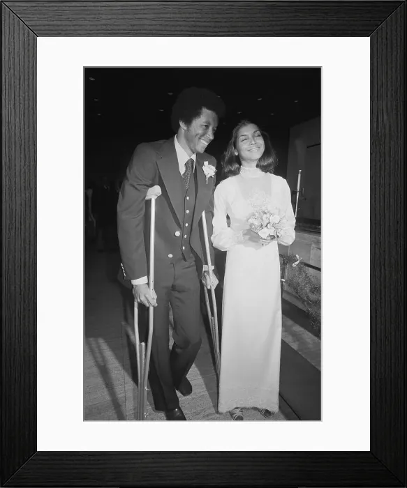 Framed Print : Arthur Ashe on Crutches with Bride at Wedding Framed Print : Arthur Ashe on Crutches with Bride at Wedding