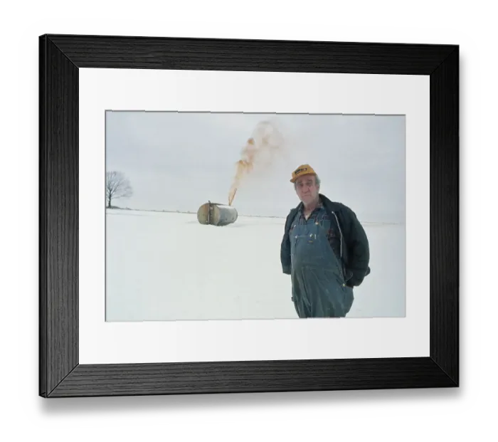 Framed Print : Farmer With Tank Spewing Gas Framed Print : Farmer With Tank Spewing Gas