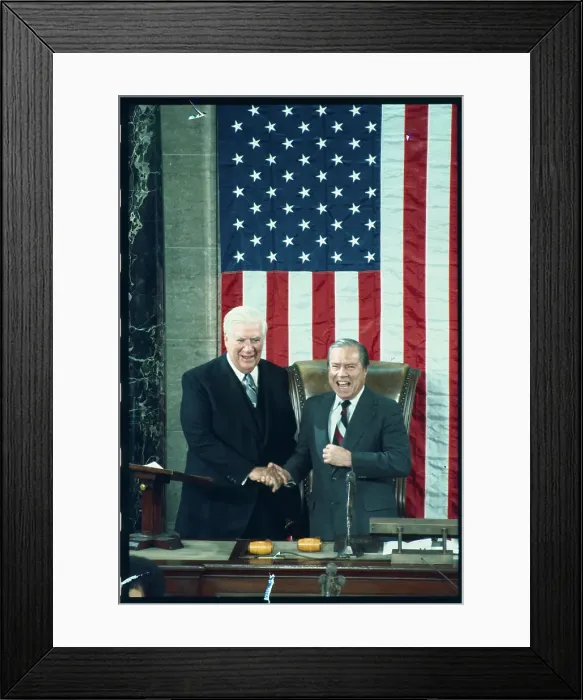 Framed Print : Thomas O'Neill and John Rhodes at American Flag Framed Print : Thomas O'Neill and John Rhodes at American Flag