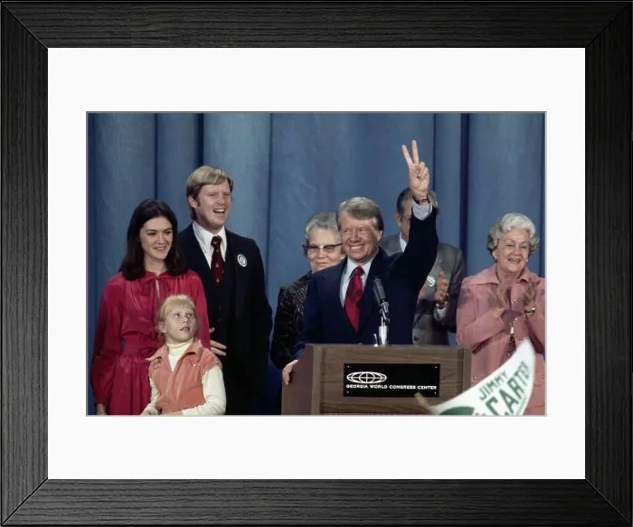 Framed Print : Carter Giving Victory Sign at Podium Framed Print : Carter Giving Victory Sign at Podium