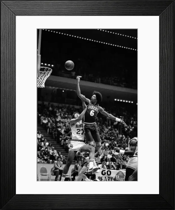 Framed Print : Julius Erving Jumping Over Opponent to Score Framed Print : Julius Erving Jumping Over Opponent to Score