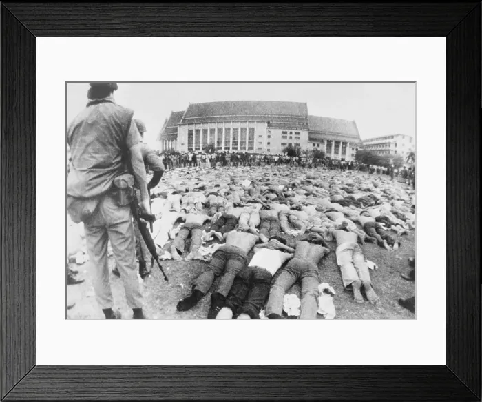 Framed Print : Thai Police Standing Guard Over Student Demonstrators Framed Print : Thai Police Standing Guard Over Student Demonstrators