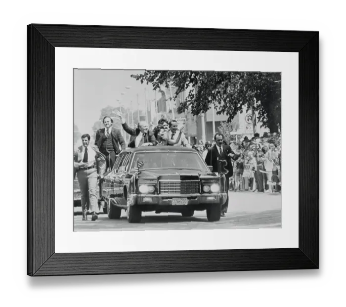 Framed Print : Gerald Ford and Robert Dole Waving from Automobile Framed Print : Gerald Ford and Robert Dole Waving from Automobile