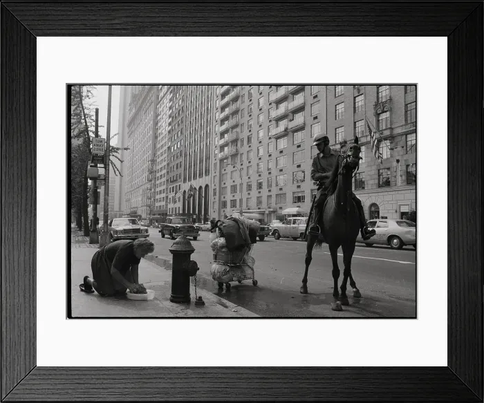 Framed Print : Mounted Policeman Watching Old Woman Framed Print : Mounted Policeman Watching Old Woman