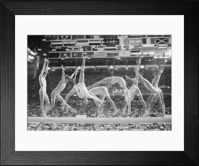 Framed Print : Multiple Exposure of Nadia Comaneci on Beam Framed Print : Multiple Exposure of Nadia Comaneci on Beam