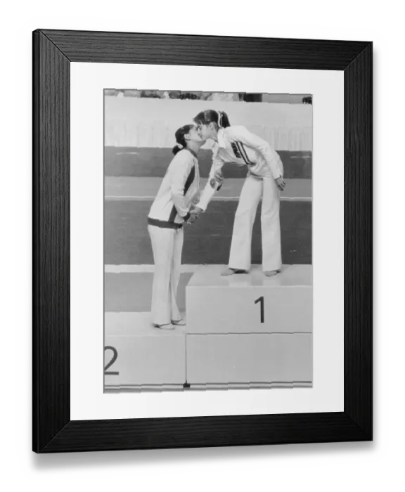 Framed Print : Nadia Comaneci Being Kissed by Nelli Kim during Olympic Events